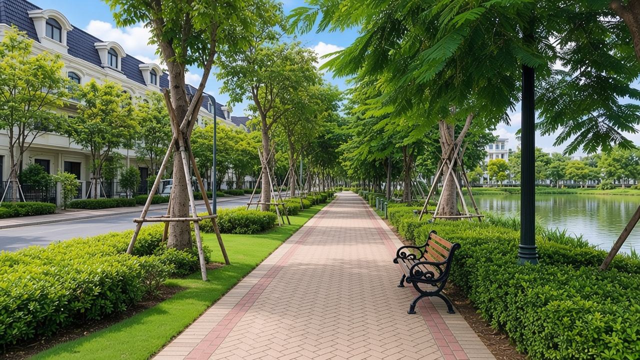 Lối đi bộ ven hồ và hàng cây trước dãy biệt thự, nhà phố Lakeview City